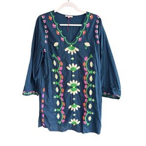 Frances Valentine Womens Blue Embroidered Floral Mini Shift Tunic Dress Medium